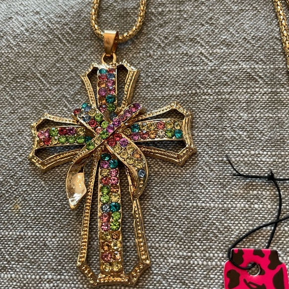 Gold Cross Pendant Necklace with Multicolor Gems - Picture 8 of 10